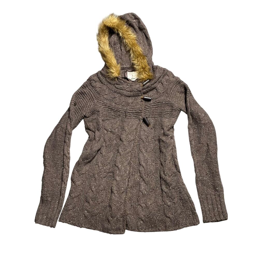 Y2k Old Navy small Wool Blend cable knit Sweater Hooded W/ Faux Fur Trim
